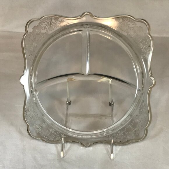 Vintage Silver Overlay Square Glass 3-Section Divided 10" Dish - Picture 9 of 9
